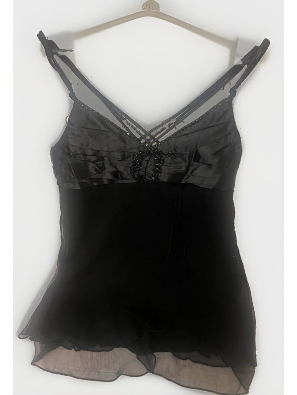 Vintage 90s Y2K M Silk Beads sequin Asymmetrical Ruffle Camisole Dark Fairy.
